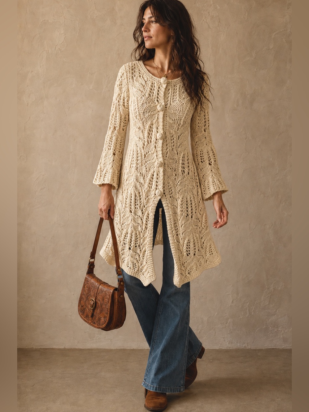 Beth Bowley Crochet Style Boho Long Cardigan M